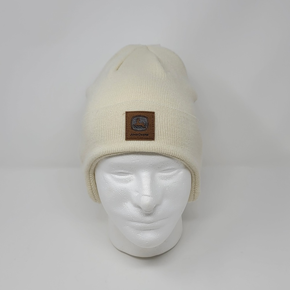 John Deere White Knit Beanie Stocking Cap Brown Black Patch Logo Winter LP678705